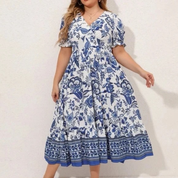 Plus Floral Print Puff Sleeve Midi Dress - Picture 2 of 9